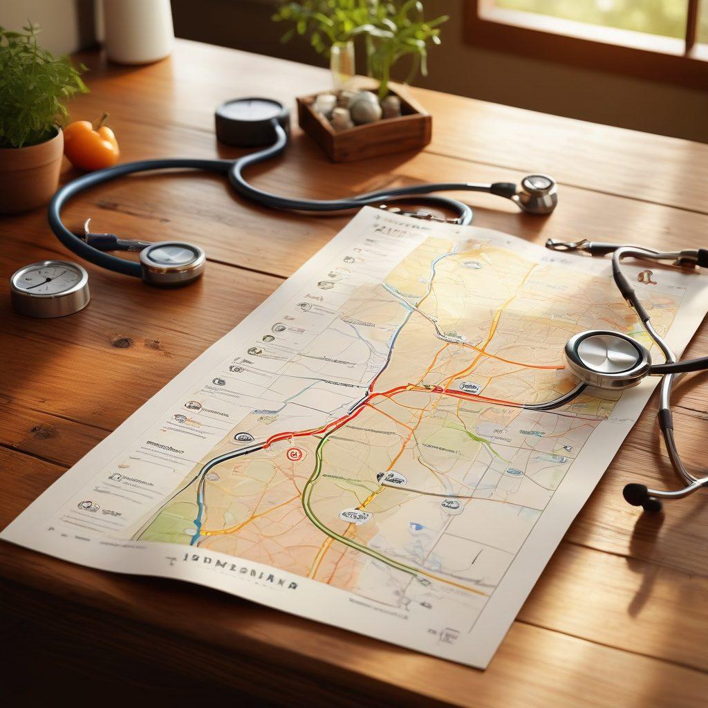 A detailed roadmap laid out on a wooden table, with symbols representing various wellness services (like a stethoscope, therapy couch, and healthy food) scattered along the path. The background features a soft, inviting environment, like a cozy office, to evoke a sense of guidance and support. Gentle sunlight filters through a window, illuminating the roadmap. super-realistic. warm tones. soft focus.